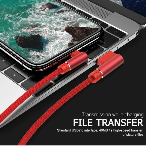 Nylon 90 Degree 3A Fast Charging USB UNIVERSAL Cable For iPhone 6 & Above iPad - Picture 2 of 3